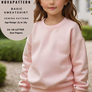 Patrón de costura en PDF de sudadera básica con mangas para niña, adecuada para tamaños A4-A0-US Letter- DXF, rango de edad de 2 a 16 años
