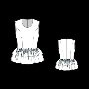 May include: A white sleeveless top featuring a round neckline and a double-layered peplum hem. The peplum layers are adorned with dark grey vertical fringe or tassel detailing. The illustration displays both the front and back views of the garment.