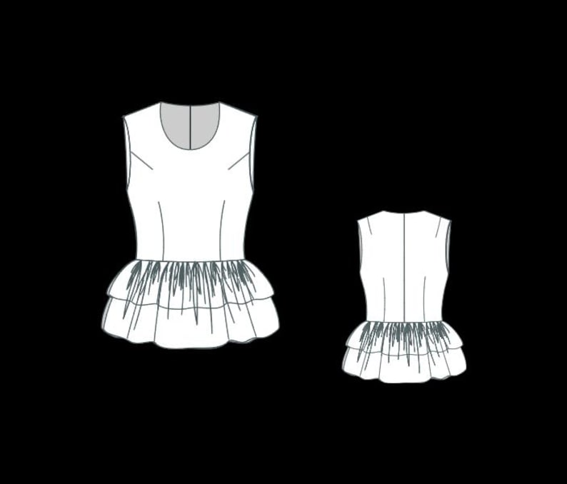 May include: A white sleeveless top featuring a round neckline and a double-layered peplum hem. The peplum layers are adorned with dark grey vertical fringe or tassel detailing. The illustration displays both the front and back views of the garment.