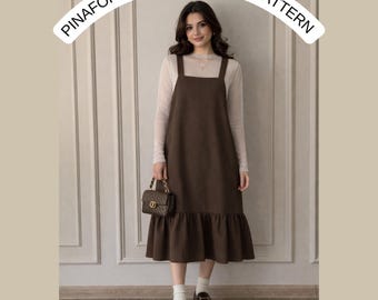 Pinafore Dress Sewing Pattern | Ruffle Hem Midi Dress Pattern | Cottagecore Pinafore Dress | PDF Pattern A4 US Letter A0 DXf | US 2–30