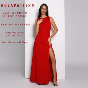 May include: A sewing pattern for a red maxi dress with a side slit. The pattern includes sizes US 0 to 30 and XXS to 4XL. The pattern is available in A4, US Letter, and A0 sizes.