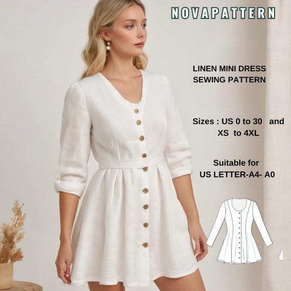 Button Front Linen Mini Dress Sewing Pattern, Long Sleeve Fit and Flare  Dress Pattern,romantic Cottagecore Dress,us 0-30 A4 A0 US Letter - Etsy