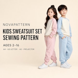 May include: NOVAPATTERN KIDS SWEATSUIT SET SEWING PATTERN AGES 2-16 A4 US LETTER A0 PROJECTOR. Two children wearing raglan-sleeve sweatshirts and sweatpants with ribbed cuffs and waistbands. One set is light pink and cream, the other is light blue and cream.