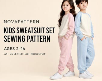 Set kinderjoggingpak naaipatronen, unisex sweater en joggingbroek pdf-patroon, 2-16 jaar, gezellige loungewear-outfit, A4 US Letter-formaten