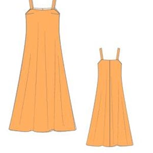 May include: An orange midi dress with thin straps, shown from the front and back. The dress has a simple, flowing design, with a slightly flared skirt. The back view shows a vertical seam. The dress is a solid colour.