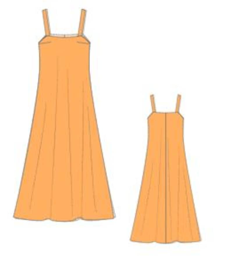 May include: An orange midi dress with thin straps, shown from the front and back. The dress has a simple, flowing design, with a slightly flared skirt. The back view shows a vertical seam. The dress is a solid colour.