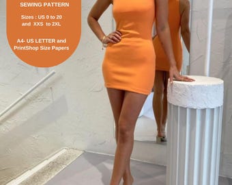 Patrón de costura para minivestido ajustado con cuello barco, patrón de vestido ajustado sin mangas, vestido corto elegante (PDF), tallas 2-30 (EE. UU.), A4, A0, tamaño carta (EE. UU.)