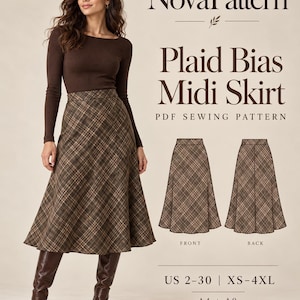 May include: NovaPattern Plaid Bias Midi Skirt PDF sewing pattern. The image displays a brown plaid midi skirt, a long-sleeve brown top, and brown boots. Technical line drawings show the front and back views of the skirt. Text includes US 2-30, XS-4XL, and A4 + A0.