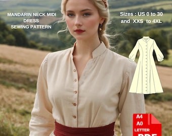 Mandarin Collar Midi Dress Sewing Pattern, Vintage Button Front Dress Pattern, Elegant Fit and Flare Dress PDF,Women US 0-30 A4 A0 US Letter