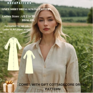Patrón de costura para vestido camisero largo de lino: tallas grandes (EE. UU. 2-30) (patrón PDF)
