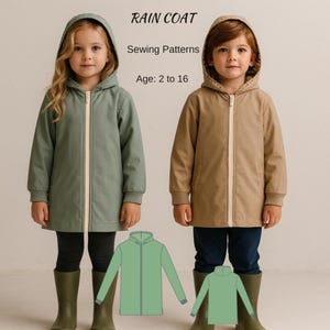 May include: Two children wearing hooded raincoats. One is sage green, the other is tan. Both have a white zipper and are paired with matching rain boots. The text "RAIN COAT, Sewing Patterns, Age: 2 to 16" is displayed above the children.