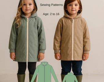 Kids Rain Coat Sewing Pattern, Waterproof Jacket PDF Pattern, Hooded Outerwear for Boys and Girls, Ages 2-16, A4 A0 US Letter Sizes