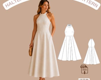 Halter Neck Midi Dress Sewing Pattern, Elegant Fit and Flare Dress PDF, Back Zip Dress Pattern, Wedding Guest Dress, A4 A0 US Letter