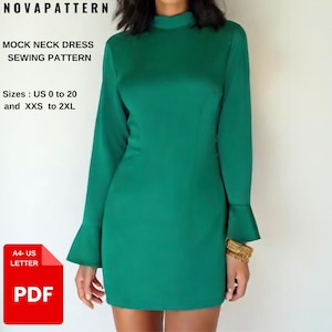 May include: A sewing pattern for a mock neck dress. The pattern is available in sizes UK 4 to 24 and XXS to 2XL. The pattern is available as a PDF download.
