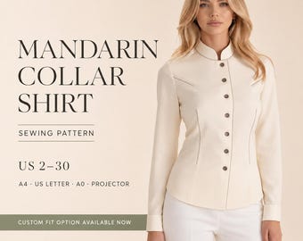 May include: A sewing pattern for a long-sleeve shirt with a mandarin collar, featuring a button-down front and tailored seams. The text reads: MANDARIN COLLAR SHIRT, SEWING PATTERN, US 2-30, A4, US LETTER, A0, PROJECTOR, CUSTOM FIT OPTION AVAILABLE NOW, NOVAPATTERN.