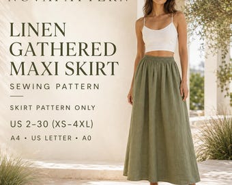 Linen Gathered Maxi Skirt Sewing Pattern: US 2-30 (A0-A4-US Letter) (PDF Pattern)