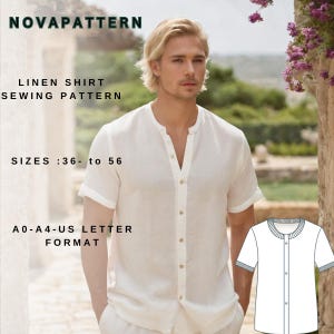Patrón de costura en PDF de camiseta de lino con botones y tapeta para hombre, patrón de costura fácil, talla de hombre: 36 a 56 // Adecuado para A0-A4-US LETTER