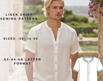 Linen Button Down Placket T-shirt For Men PDF sewing pattern,easy sewing pattern,Men Size;36 to 56 //Suitable for  A0-A4-US LETTER