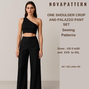 May include: A woman models a black one-shoulder crop top and palazzo pants set. The image includes text that reads "NOVAPATTERN" and "ONE SHOULDER CROP AND PALAZZO PANT SET Sewing Patterns". Sizes range from US 0 to 30 and XXS to 4XL.