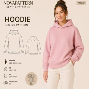 Könnte beinhalten: Ein Schnittmuster für einen Kapuzenpullover von NOVAPATTERN mit einem rosa Hoodie, technischen Strichzeichnungen von Vorder- und Rückseite sowie Text, der US-Größen 2-30 und die Formate A4, US Letter, A0 und Projektor angibt.