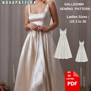 Padrão de costura para vestido longo BallGown, tamanho; EUA 2 a 30 e XS a 4XL, adequado para A0- A4-US Letter - Nossa coleção inclui opções plus size
