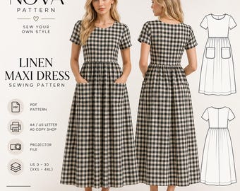 May include: A sewing pattern for a linen maxi dress featuring a black and beige gingham check print, short sleeves, a round neckline, and two front pockets. The pattern includes PDF, A4, US Letter, A0, and projector files for sizes US 0-30.