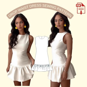 Könnte beinhalten: Zwei Frauen tragen weiße Kleider mit tiefem Bund und Rüschensaum. Neben den Frauen befindet sich eine Schnittmusterillustration. Der Text "DROP WAIST DRESS SEWING PATTERN" ist über dem Bild angeordnet. Ein PDF-Symbol befindet sich in der oberen rechten Ecke.