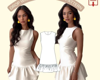 Sleeveless Drop Waist Dress Sewing Pattern | Simple Crew Neck Mini Dress | PDF Pattern for Women | A4 & US Letter-Size : US 2 to 30