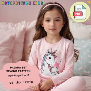 Patrón de costura de conjunto de pijama para niña Patrón PDF, adecuado para A4-A0-US Letter- DXF, rango de edad 2-16 años