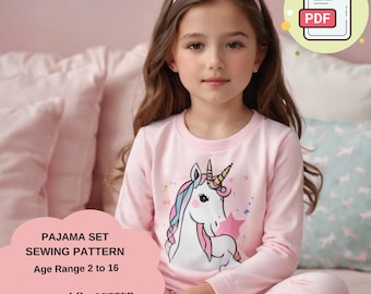 Patrón de costura para pijama infantil, camiseta de manga larga y pantalón (PDF), de 2 a 16 años, pijama de unicornio, tallas A4 y A0 (US)