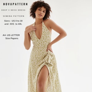 Patrón de costura para vestido maxi de verano con espalda abierta y cuello halter. Tallas: EE. UU. 2 a 30 y XS a 4XL. Apto para tallas A0, A4 y Carta EE. UU.