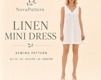 Linen Mini Dress Sewing Pattern | Sleeveless Summer Shift Dress | Beachwear Outfit | Easy PDF Sewing Pattern for Women | Minimal Style