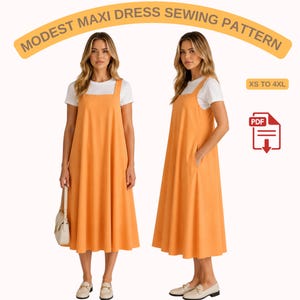 May include: Two models display an orange maxi dress sewing pattern. The dress features a square neckline and wide straps, worn over a white t-shirt. The text "MODEST MAXI DRESS SEWING PATTERN" is arched above. Sizes XS to 4XL are available for the pattern.