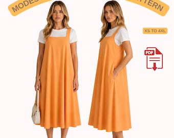 Pinafore Tent  Pull on Dress Sewing Pattern,Midi Apron Dress PDF Pattern,Layered Korean Style Dress, Loose Fit Minimal Dress,A4 A0 US Letter