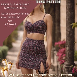 May include: A sewing pattern for a mini skirt with a front slit. The skirt is black with a pink floral print. The pattern includes sizes UK 6 to 18 and XS to 4XL. The pattern is available in A0, A4 and US Letter formats. The image also includes a gift cottagecore dress pattern.
