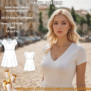 Tee Dress Sewing Pattern: V-Neck Mini Shift Dress (US 2-30) (Digital Download)