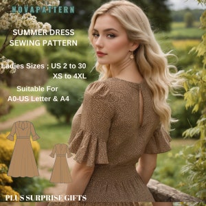 Op de afbeelding: Een vrouw draagt een bruine zomerjurk met een bloemenpatroon. De afbeelding bevat de tekst "SUMMER DRESS SEWING PATTERN" en "Ladies Sizes; US 2 to 30, XS to 4XL." Het patroon is geschikt voor A0-US Letter & A4.