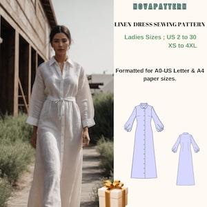 Linen Maxi Dress Sewing Pattern,Plus size sewing pattern-Ladies size US 2 to 30//XS to 4XL /// Letter-A4-A0 form paper sizes