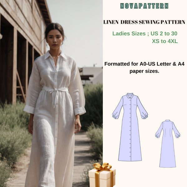 Linen Maxi Dress Sewing Pattern,Plus size sewing pattern-Ladies size US 2 to 30//XS to 4XL /// Letter-A4-A0 form paper sizes