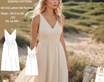 Gathered Deep V neck(Front and Back),Mid Dress  Sewing Pattern,Suitable for  A0-A4-US Letter // Ladies Sizes; US 2 to 30