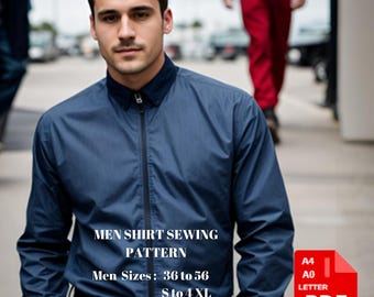 May include: A blue long-sleeve shirt sewing pattern for men. The pattern includes sizes 36 to 56, S to 4XL. The pattern is available in A4 and A0 sizes and is in PDF format.