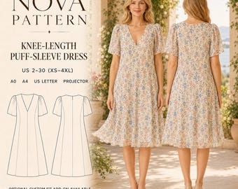Naaipatroon voor een knielange chiffonjurk voor dames, met pofmouwen, maten US 2–30, digitale download