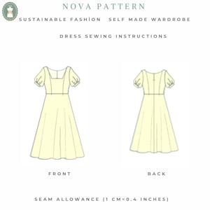 May include: A Nova Pattern dress sewing instruction sheet featuring a pale yellow dress illustration with puff sleeves, a square neckline, and a flared skirt. The text reads: Nova Pattern, Sustainable Fashion, Self Made Wardrobe, Dress Sewing Instructions, Front, Back, Seam Allowance (1 cm=0.4 inches).