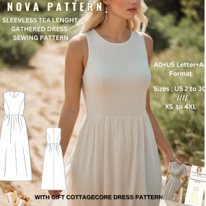 Patrón de vestido de verano con cuello redondo fruncido, adecuado para papel tamaño carta A0-A4-EE. UU. // Talla de mujer; EE. UU. 2 a 30 // XS a 4 xL