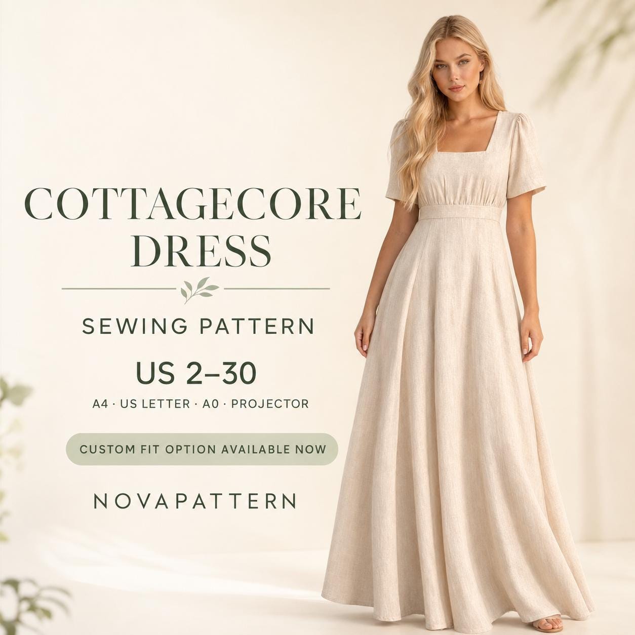 Cottagecore Dress Sewing Pattern | Square Neck Puff Sleeve Maxi Dress | Romantic Prairie Style | PDF Sewing Pattern for Women