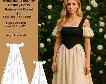 Renaissance regency Cosplay Dress Pattern and Corset,fantasy dress,Elvish,Maxi Celtic off shoulder dress sewing pattern,halloween costume
