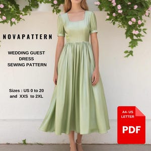 May include: A sewing pattern for a wedding guest dress in sizes UK 4 to 24 and XXS to 2XL. The pattern is available as a digital download in A4 and US Letter sizes.