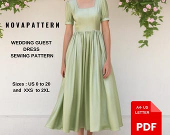 Square Neck Wedding Guest Dress Sewing Pattern: US Size 2-30 (PDF)