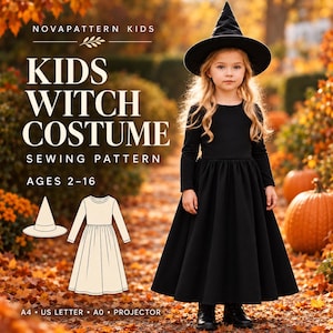 Puede incluir: Un patrón de costura para un disfraz de bruja para niños, con el texto NOVAPATTERN KIDS, KIDS WITCH COSTUME, SEWING PATTERN, AGES 2-16, A4, US LETTER, A0, PROJECTOR. Incluye un dibujo lineal de un sombrero puntiagudo y un vestido.