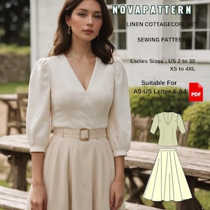 May include: A sewing pattern for a linen cottagecore set, featuring a white blouse with puffed sleeves and a v-neck, and a beige skirt. The pattern is suitable for sizes UK 6 to 24, XS to 4XL, and is available in A0, UK Letter, and A4 sizes.